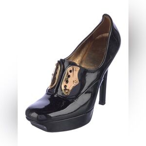 Gucci Black Patent Leather Booties with Gold Details